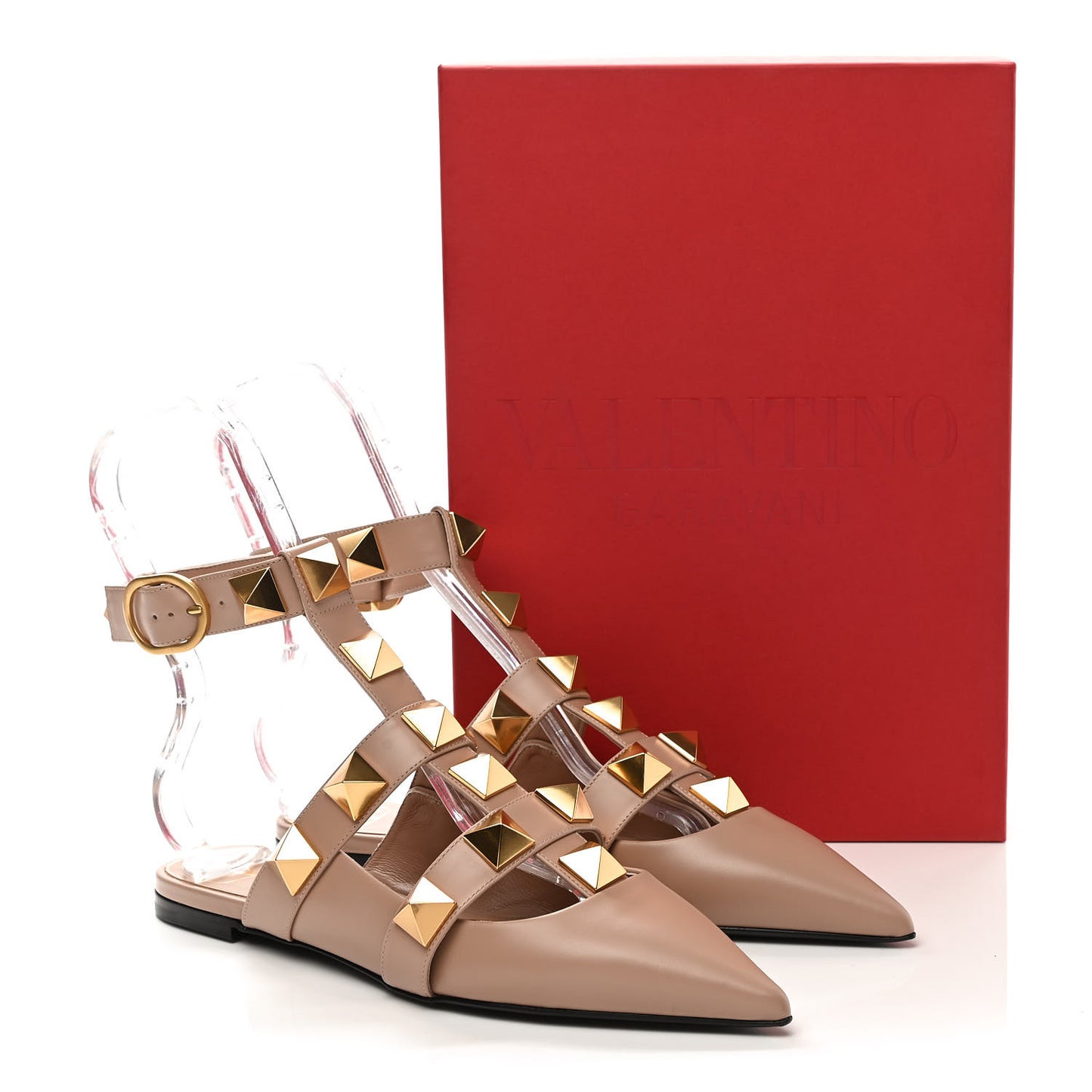 Calfskin Roman Stud Ankle Strap Flat Mules 38.5 Rose Cannelle