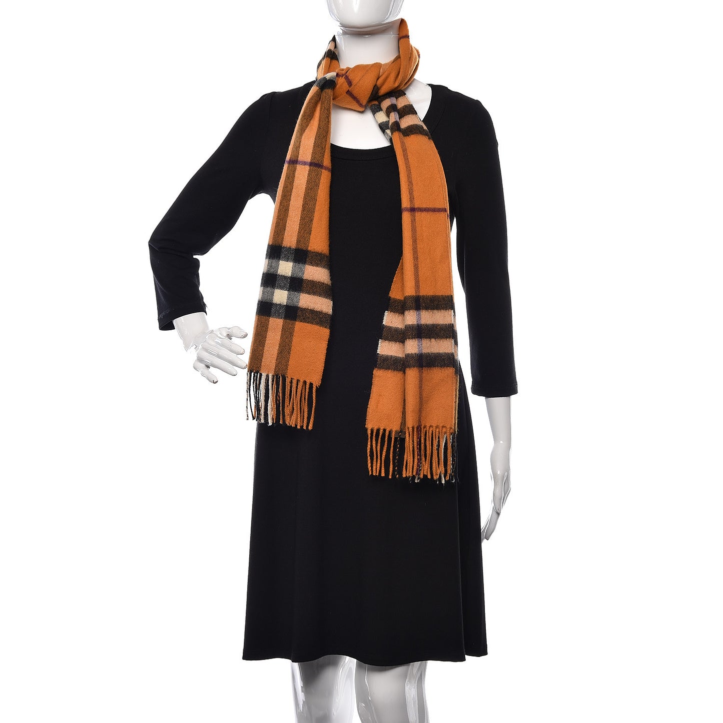 Cashmere Classic Check Fringe Scarf Copper Orange