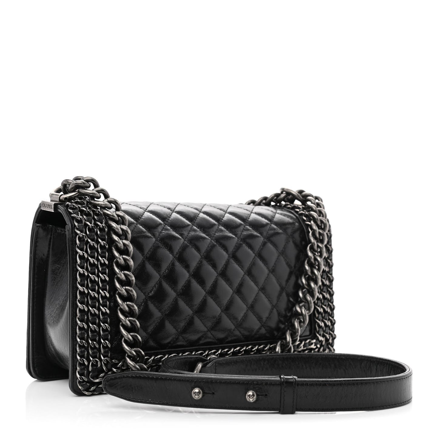 Glazed Calfskin Quilted Medium Boy Chained Flap Black