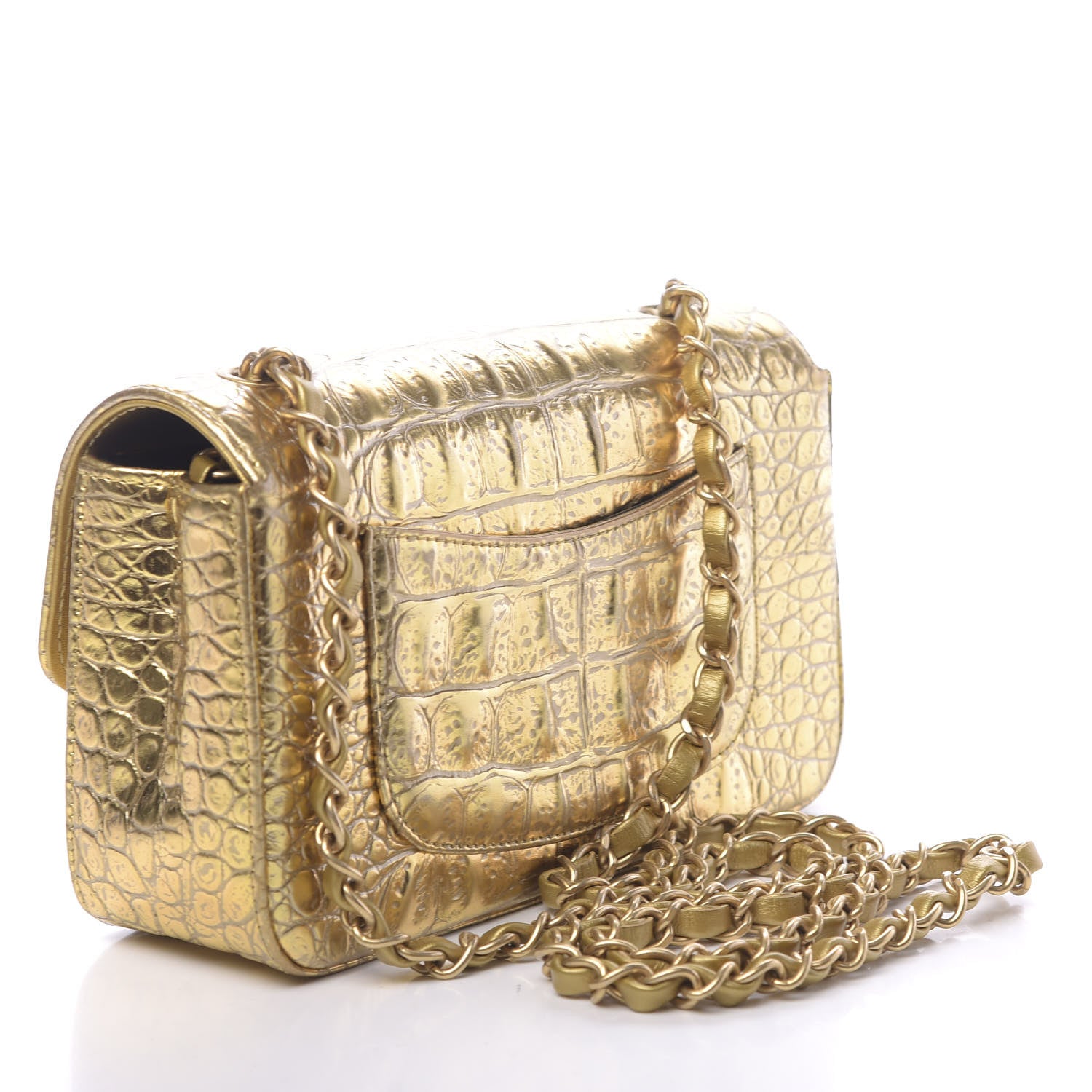 Chanel Metallic Calfskin Crocodile Embossed Cocodile Rectangular Mini Flap Gold 3 of 11