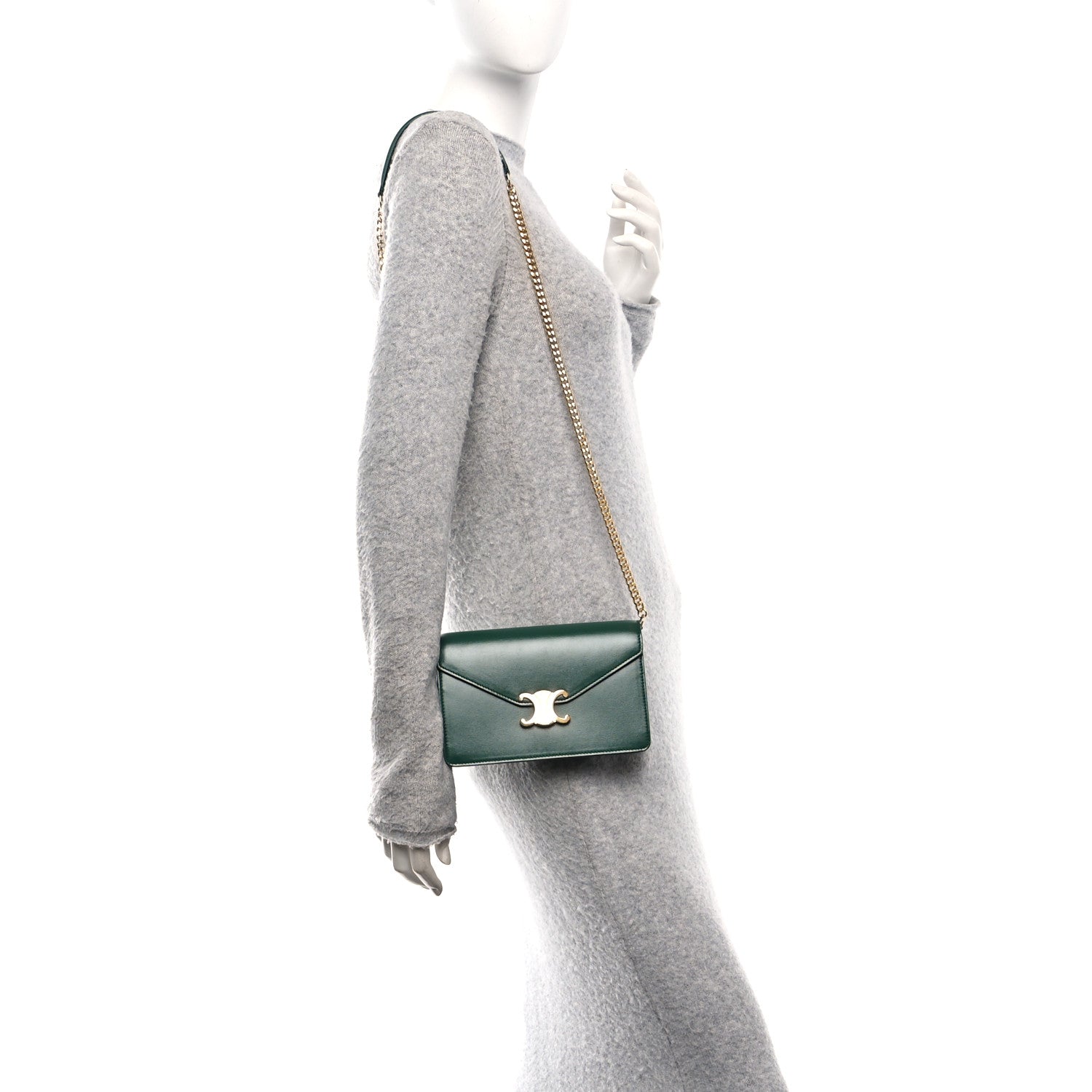Celine Shiny Calfskin Triomphe Margo Wallet on Chain Racing Green