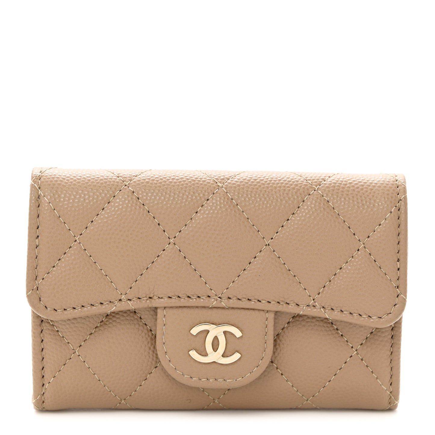 Caviar Quilted Flap Card Holder Wallet Dark Beige
