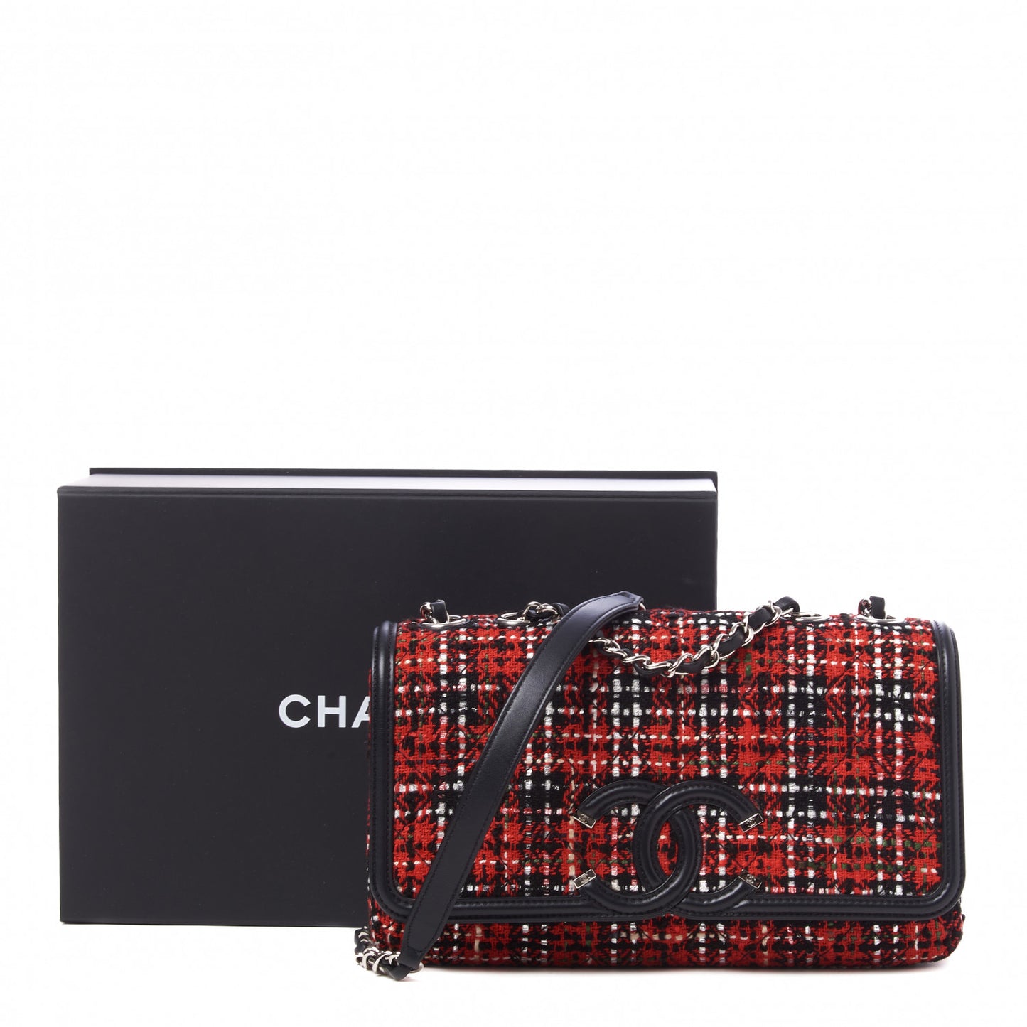 Tweed Calfskin Quilted Medium CC Filigree Flap Red Black