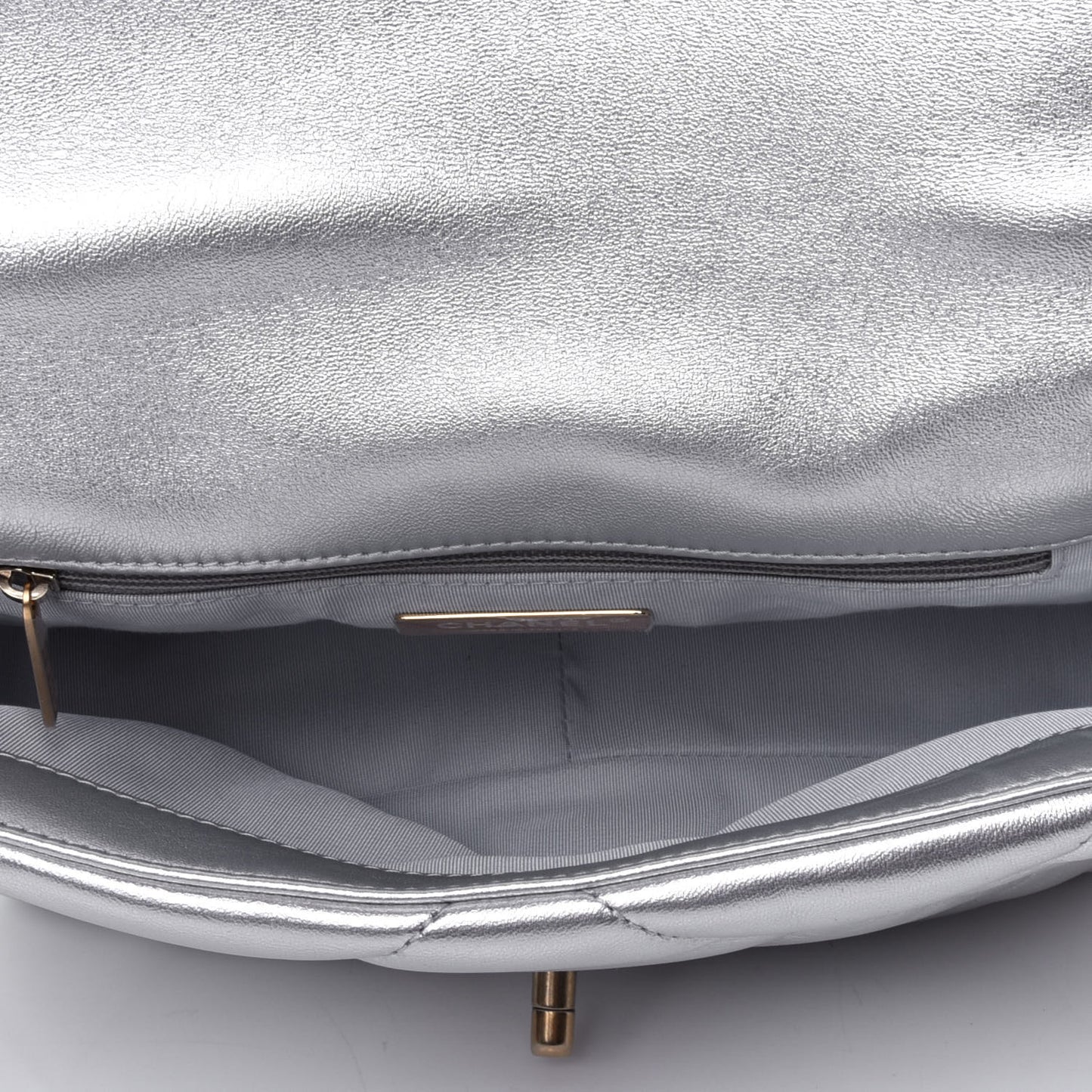 Metallic Goatskin Quilted Medium Chanel 19 Flap Silver