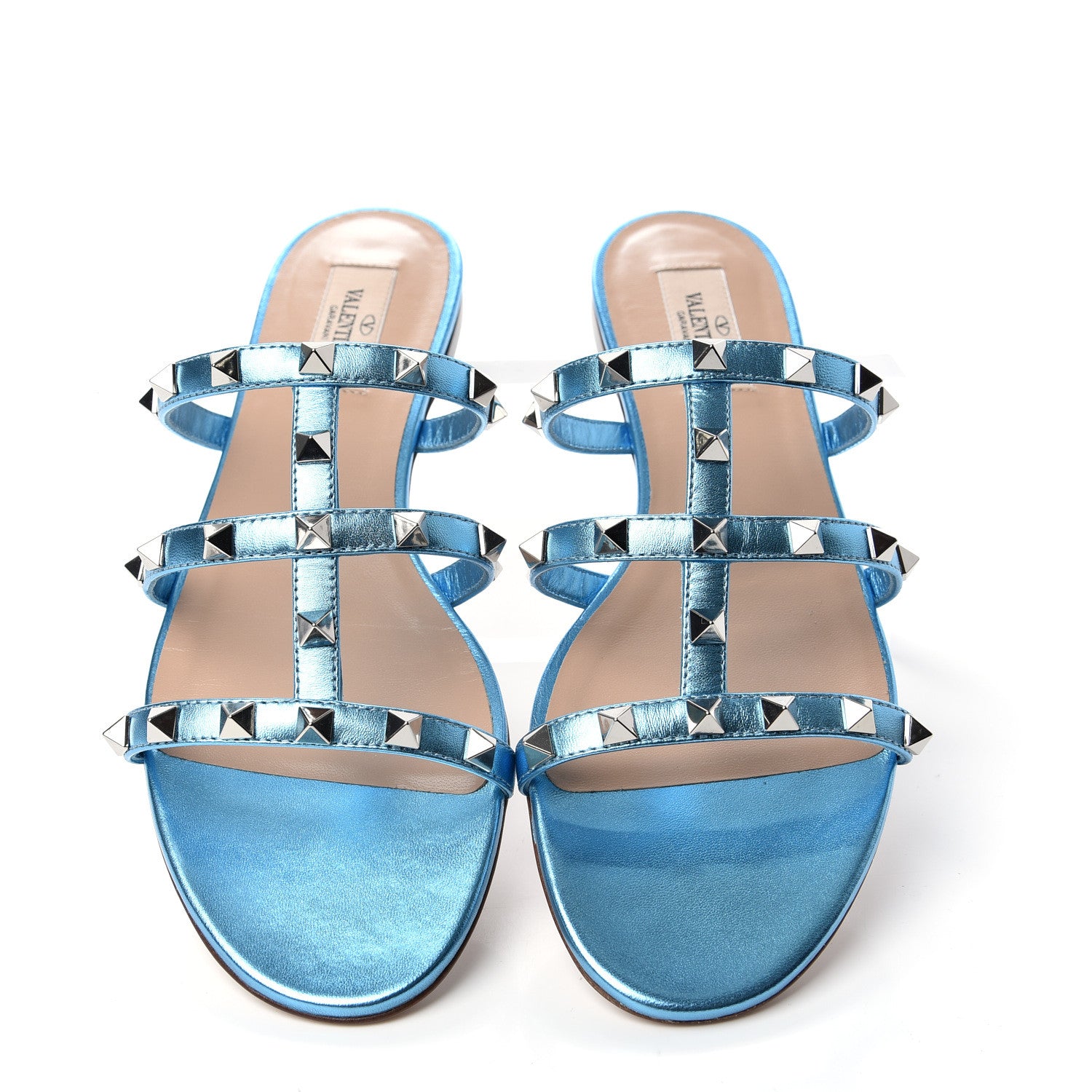 Valentino Garavani Metallic Nappa Rockstud Caged Flat Slide Sandals 38.5 Cerulean 5 of 11
