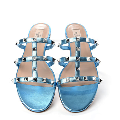 Valentino Garavani Metallic Nappa Rockstud Caged Flat Slide Sandals 38.5 Cerulean 5 of 11