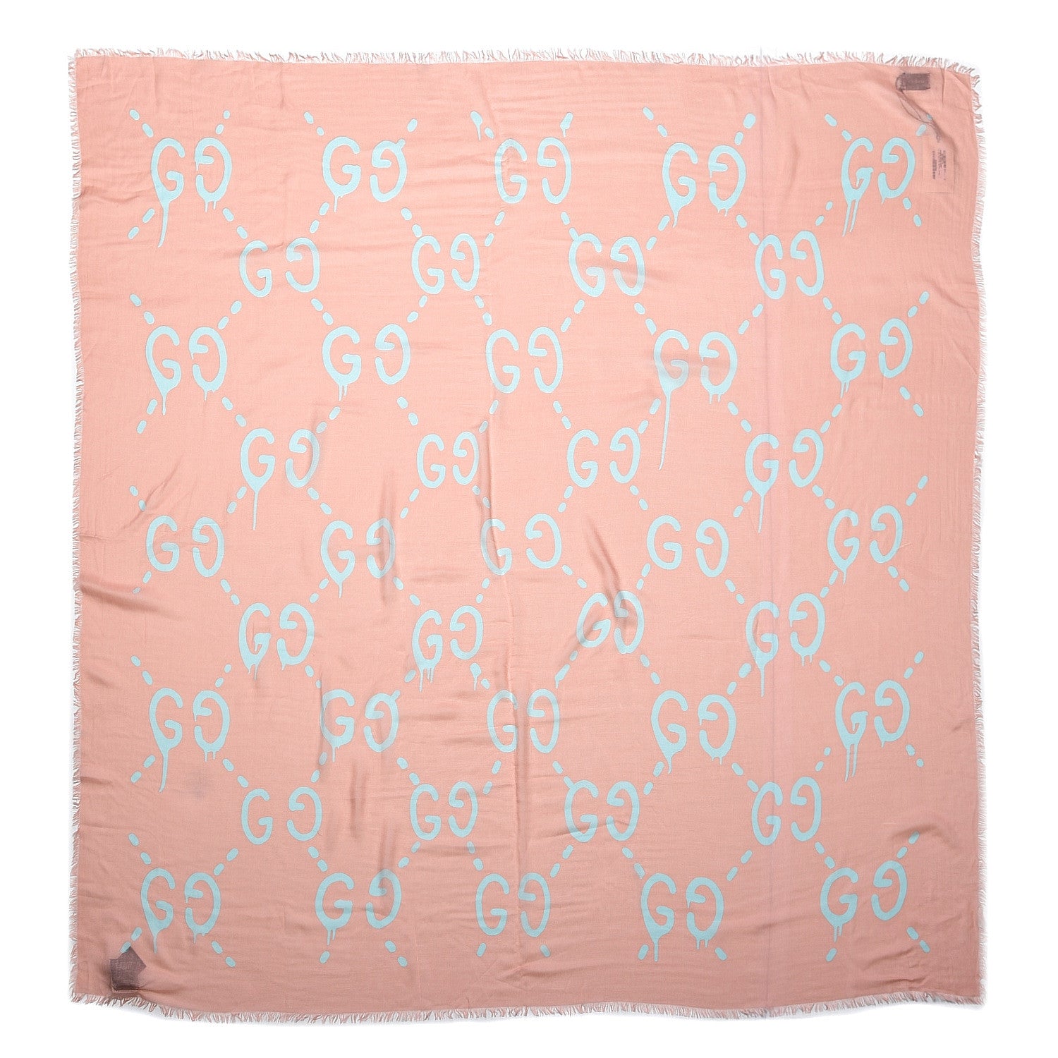 Gucci Modal Silk GG Writers Fringe Shawl Old Rose Sky Blue 1 of 4