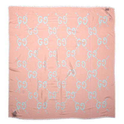 Gucci Modal Silk GG Writers Fringe Shawl Old Rose Sky Blue 1 of 4