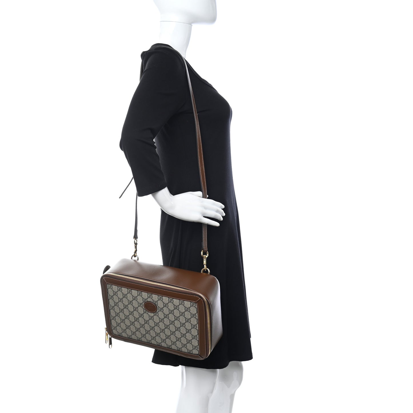 GG Supreme Monogram Glazed Textured Calfskin Retro Interlocking G Box Shoulder Bag Beige Ebony Brown Sugar