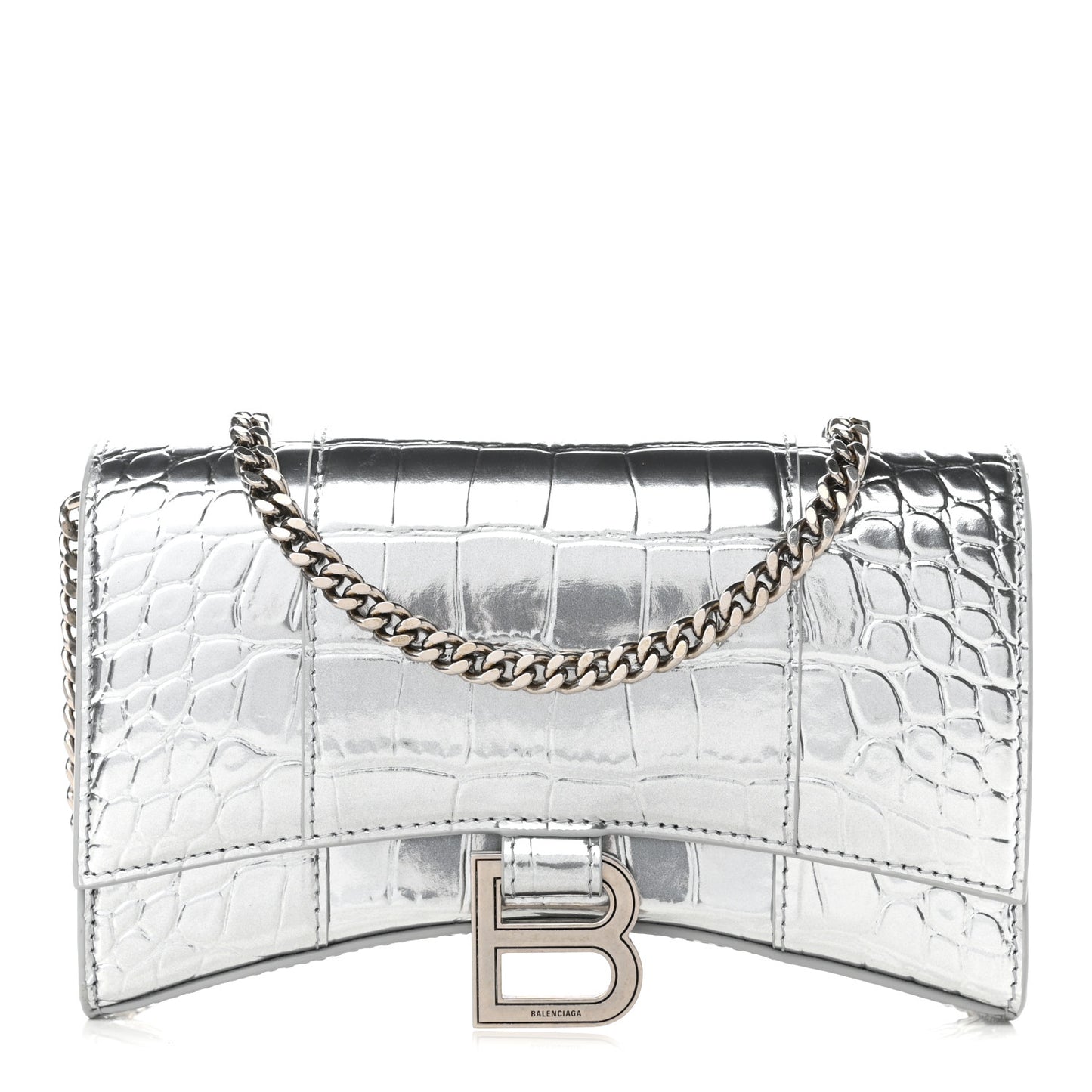 Metallic Calfskin Crocodile Embossed Hourglass Chain Bag Silver