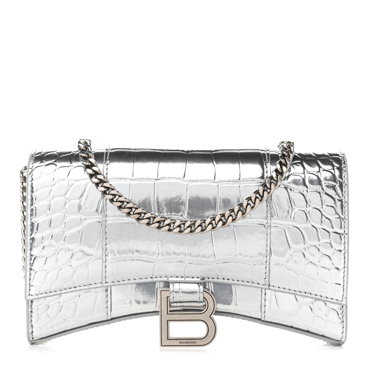 Balenciaga Metallic Calfskin Crocodile Embossed Hourglass Chain Bag Silver 1 of 11