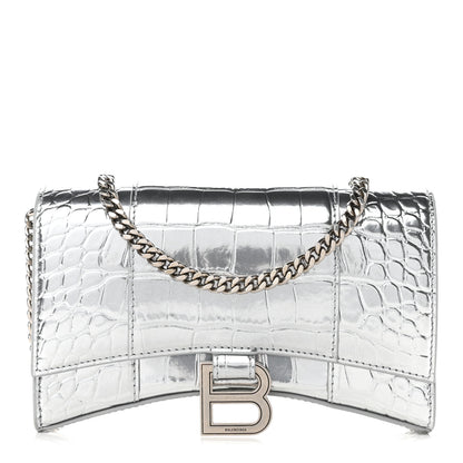 Balenciaga Metallic Calfskin Crocodile Embossed Hourglass Chain Bag Silver 1 of 11