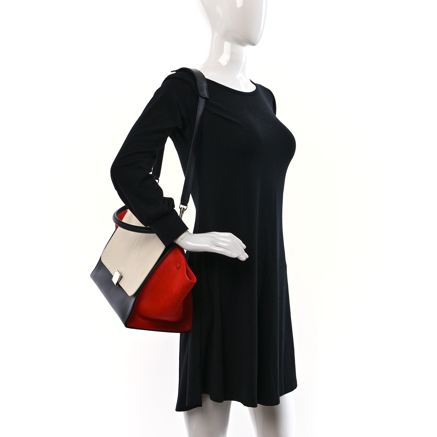 Celine Pony Hair Smooth Calfskin Tri-Color Medium Trapeze White Red Black 2 of 8