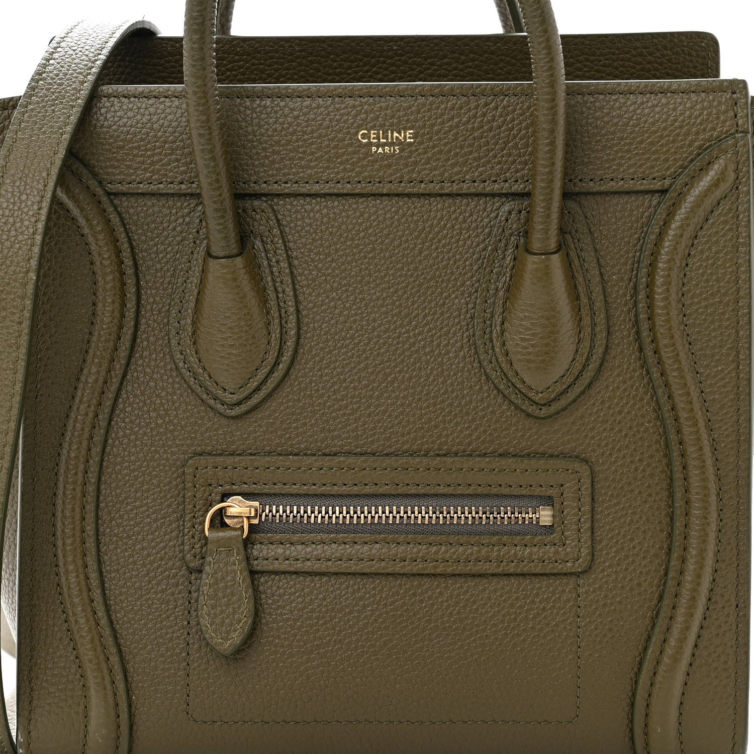 Celine Drummed Calfskin Nano Luggage Dark Olive 9 of 13