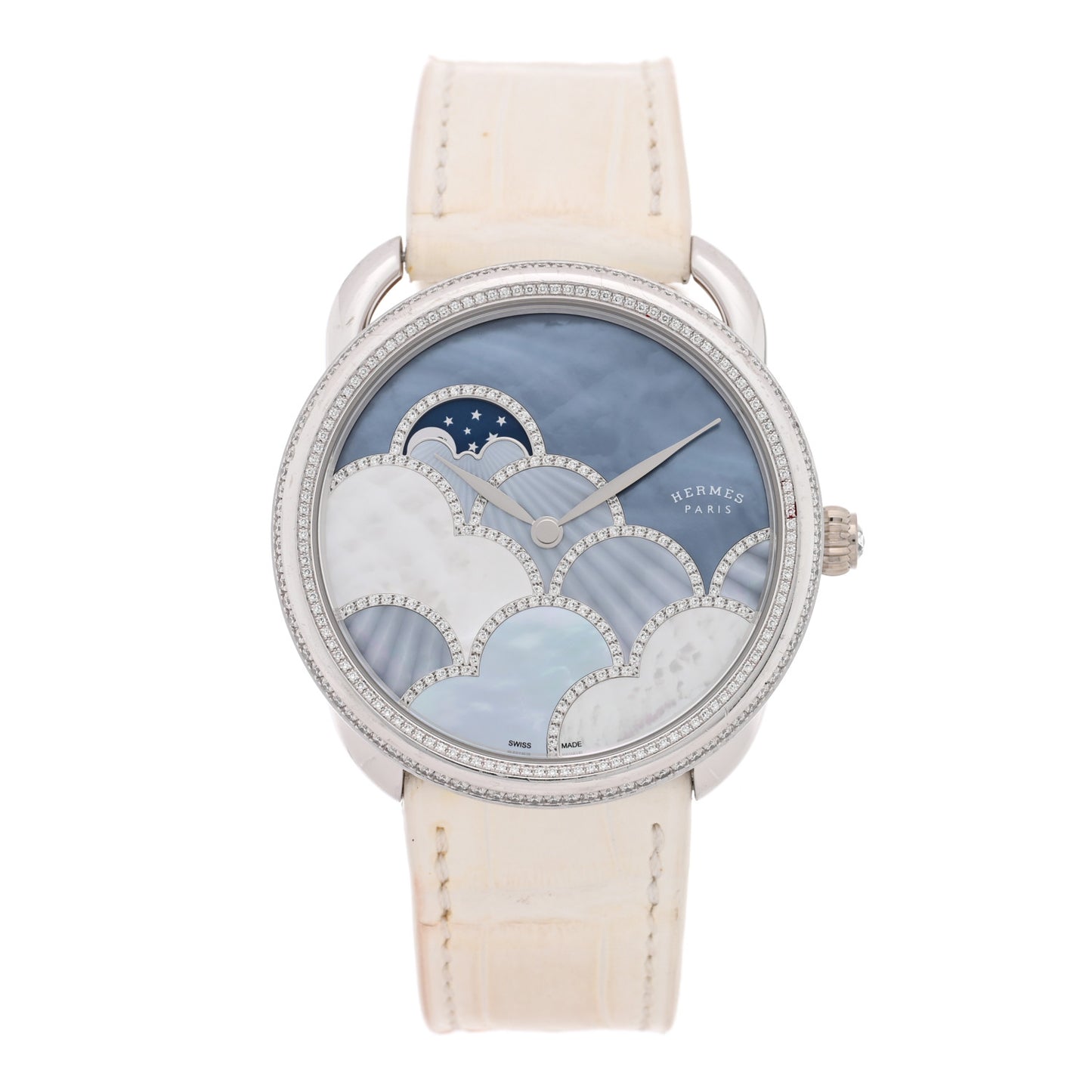 18K White Gold Alligator Diamond Bezel Mother of Pearl 38mm Arceau Petite Lune Dans Les Nuages Automatic Watch Blanc