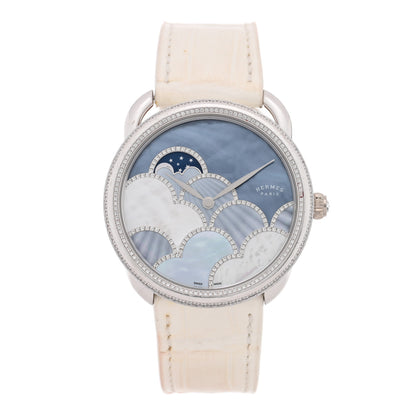 Hermes 18K White Gold Alligator Diamond Bezel Mother of Pearl 38mm Arceau Petite Lune Dans Les Nuages Automatic Watch Blanc 1 of 5