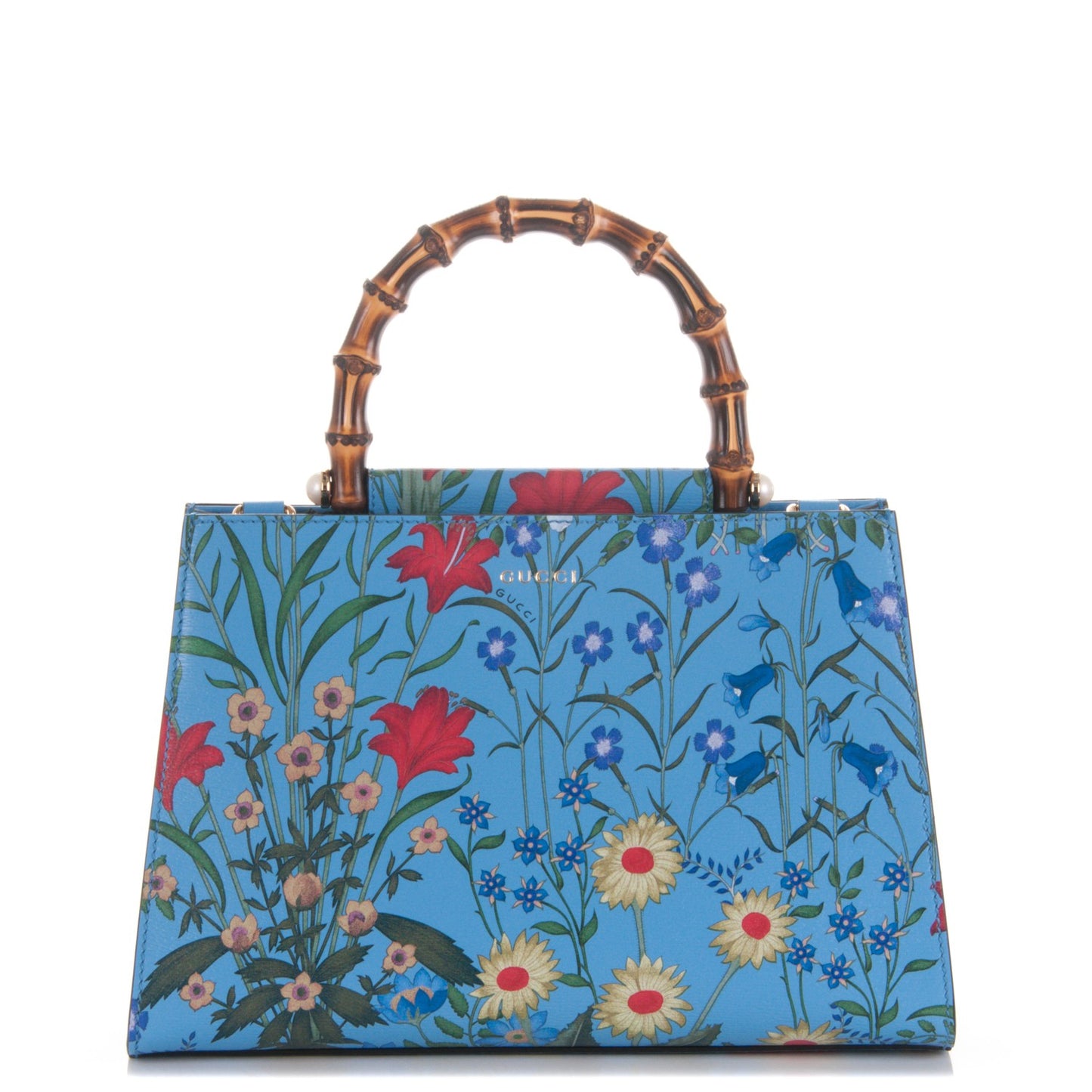 Calfskin Bamboo Web New Flora Small Nymphaea Top Handle Bag Azure