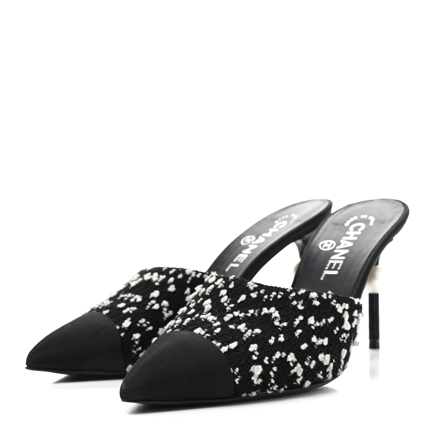 Chanel Tweed Grosgrain Pearl Mules 38 Black White 3 of 8
