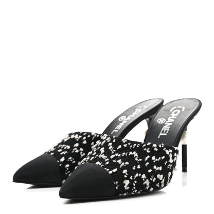 Chanel Tweed Grosgrain Pearl Mules 38 Black White 3 of 8