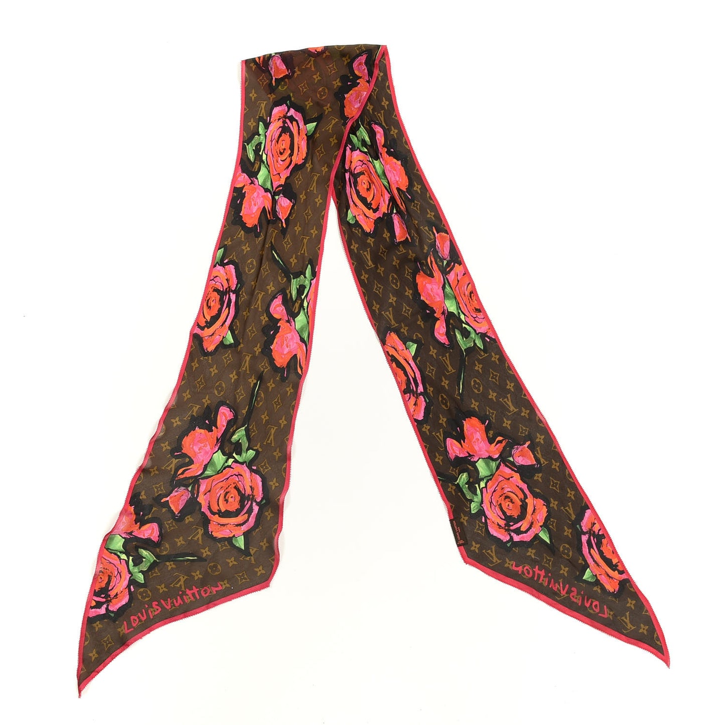 Silk Monogram Roses Scarf Marron
