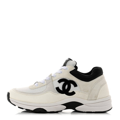 Chanel Mesh Suede Calfskin Grained Calfskin Womens CC Sneakers 38 White Black 1 of 9