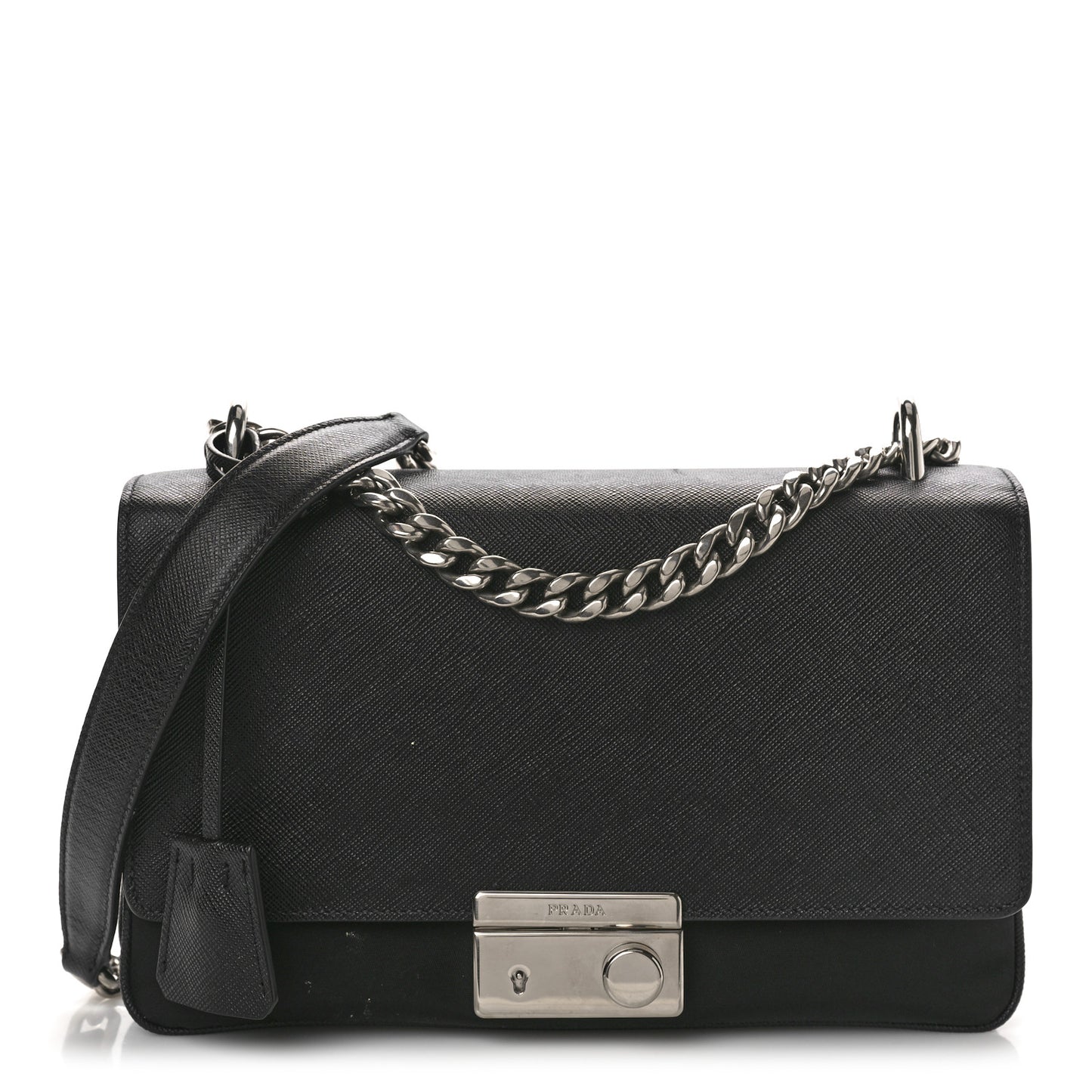 Saffiano Lux Lock Flap Chain Shoulder Bag Black