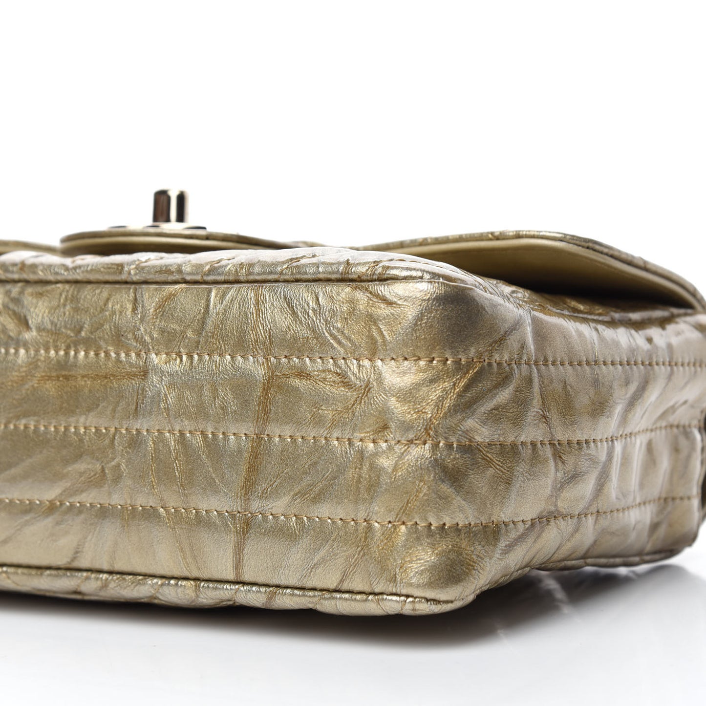 Patent Metallic Crumpled Calfskin Chevron Quilted Mini Rectangular Flap Gold