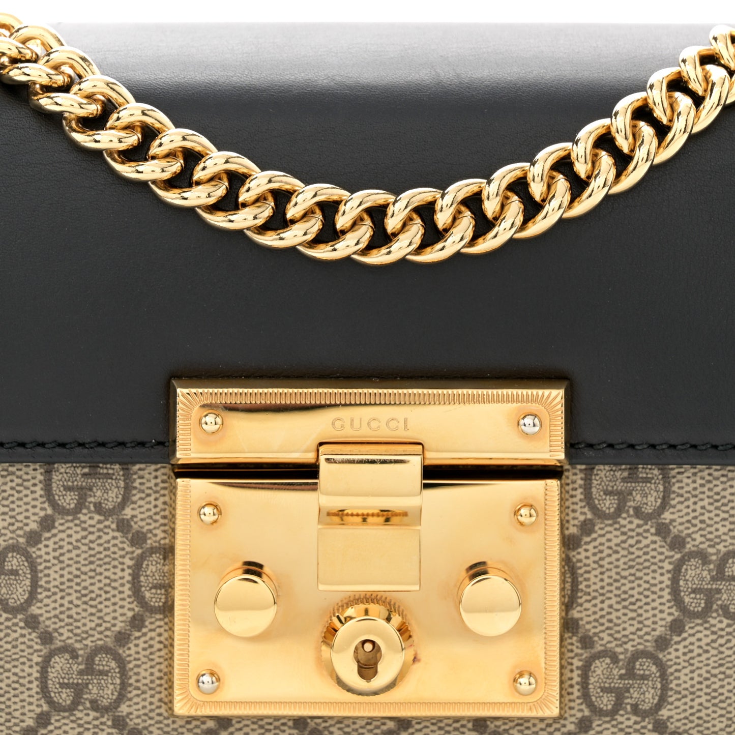 GG Supreme Monogram Calfskin Small Padlock Shoulder Bag Beige Black Cuir
