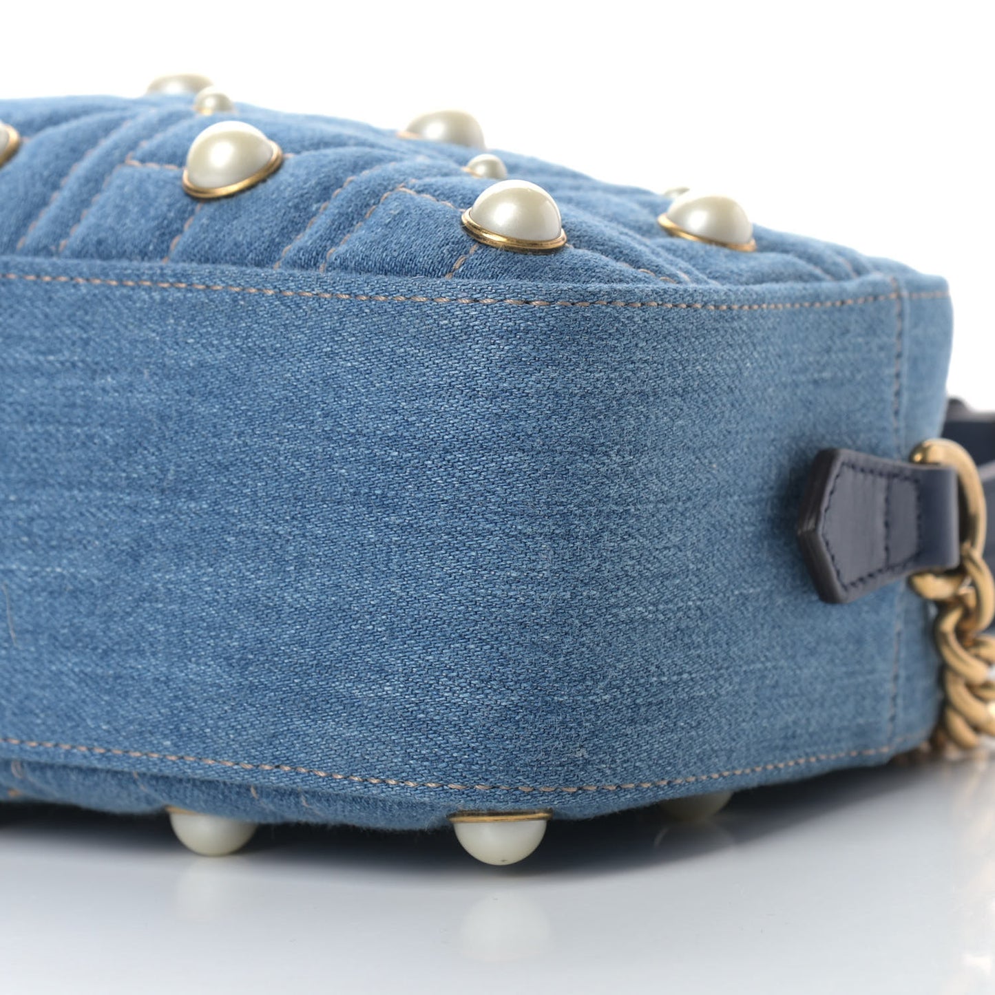Denim Matelasse Pearl Studded Small GG Marmont Chain Shoulder Bag Blue