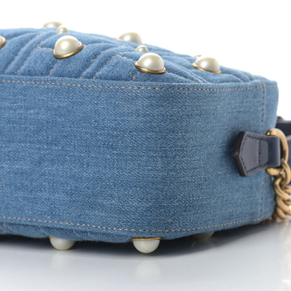 Gucci Denim Matelasse Pearl Studded Small GG Marmont Chain Shoulder Bag Blue 9 of 9