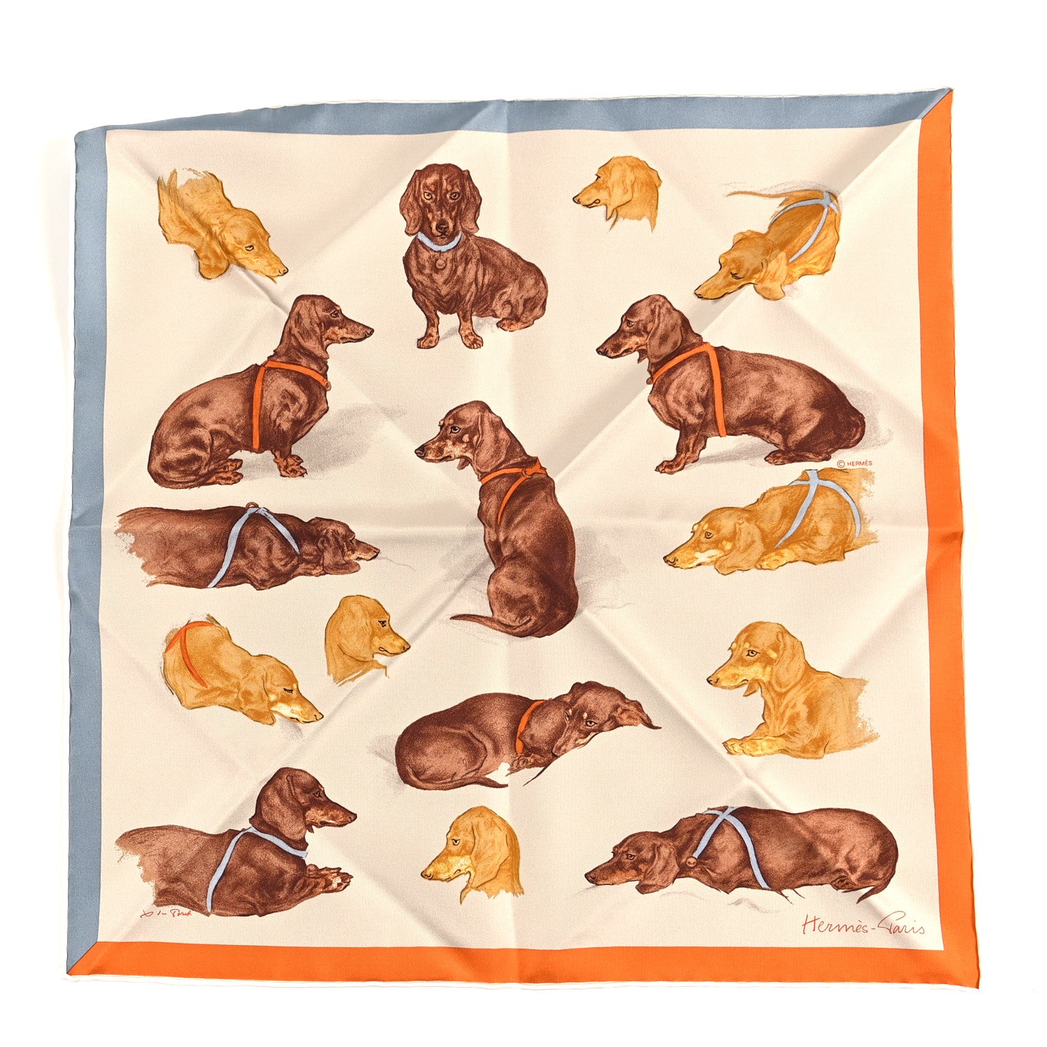 Hermes Silk Les Bassets Scarf 45  Beige Clair Gris Bluette Orange Cuit 1 of 4