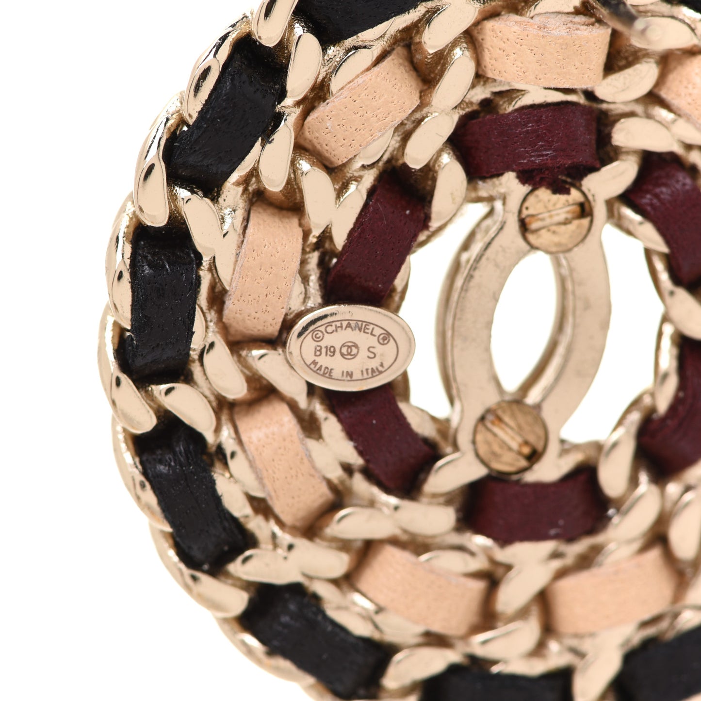 Metal Lambskin CC Round Earrings Black Gold