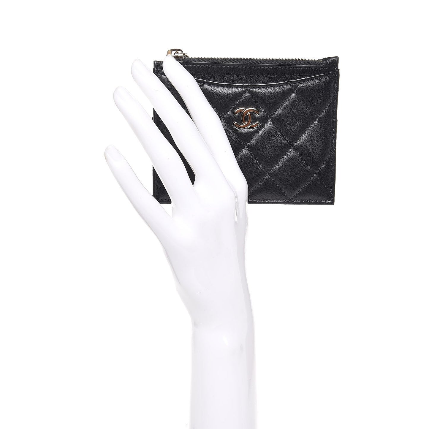 Lambskin Quilted Zip Card Holder Black