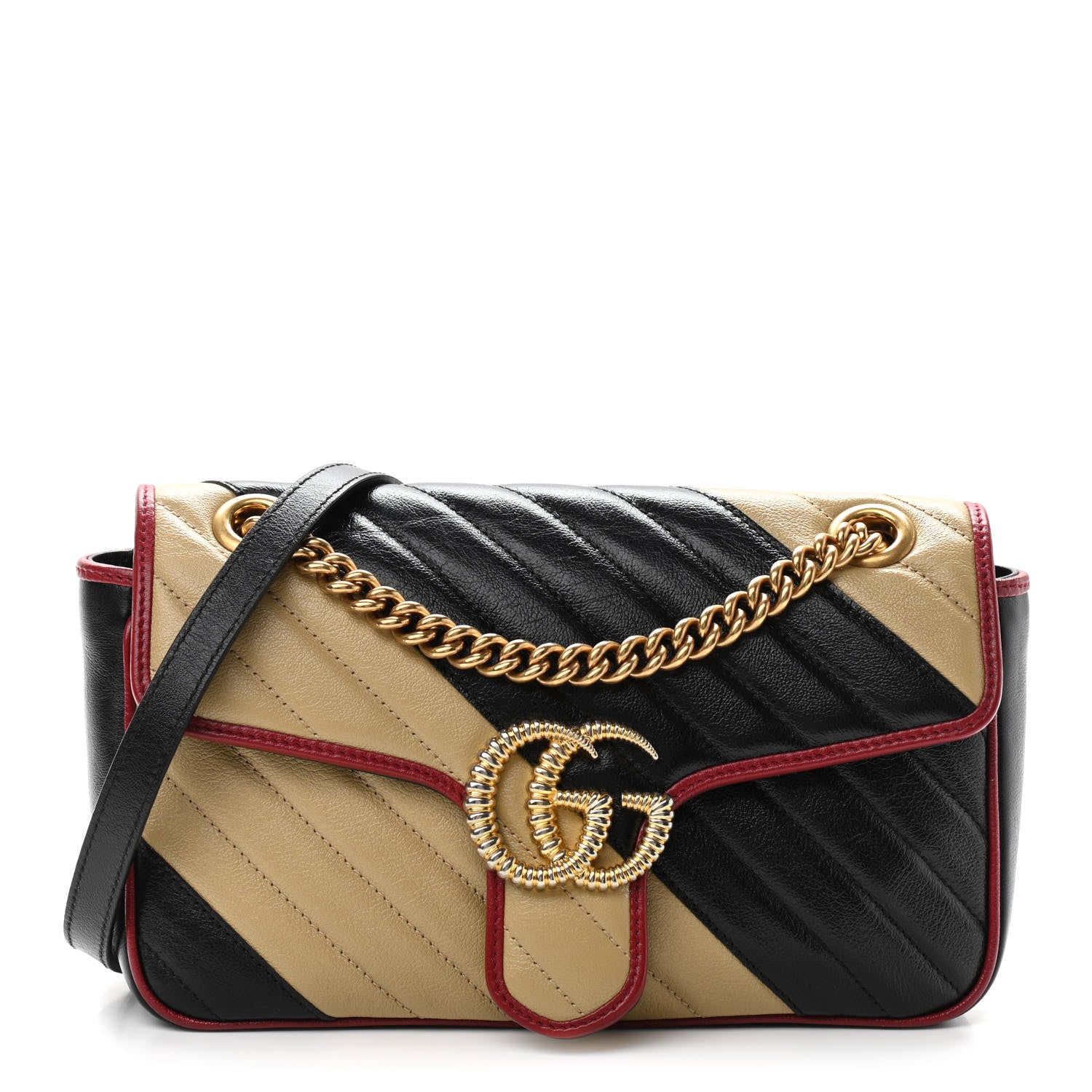 Gucci Vintage Effect Calfskin Matelasse Diagonal Striped Small Torchon GG Marmont Shoulder Bag Black Beige 1 of 10