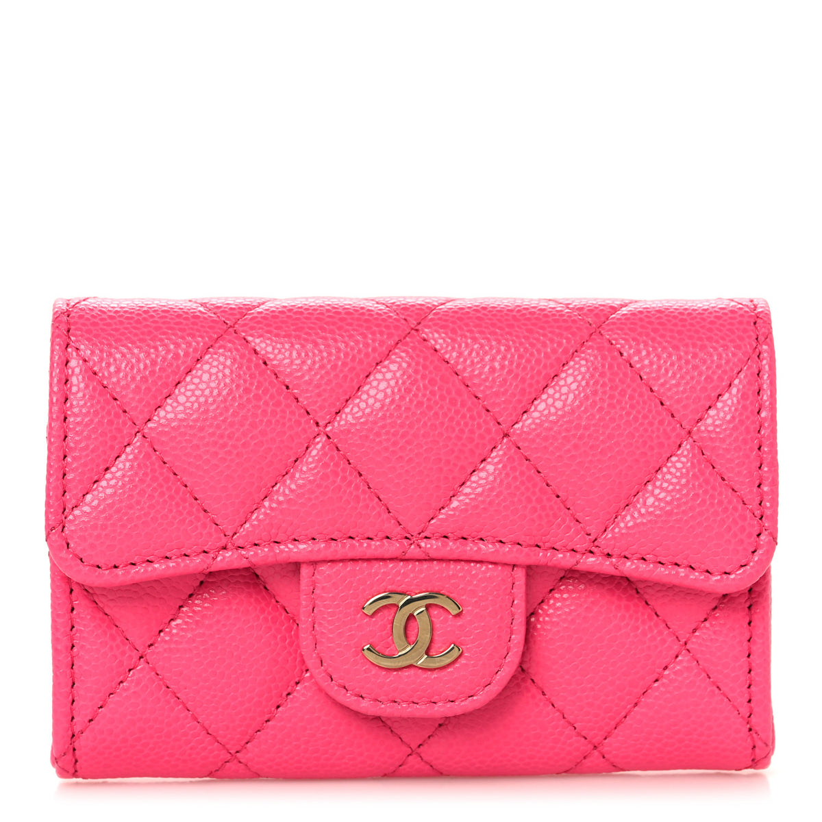 Caviar Quilted Flap Card Holder Wallet Fuchsia