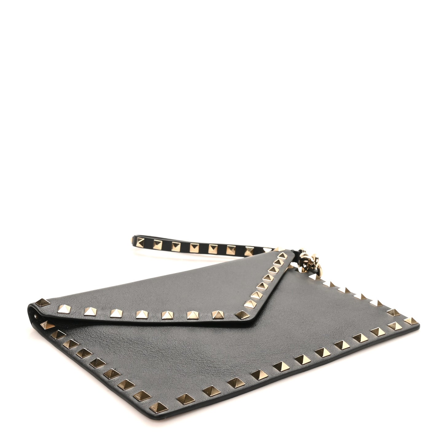Vitello Medium Rockstud Envelope Flat Wristlet Pouch Black