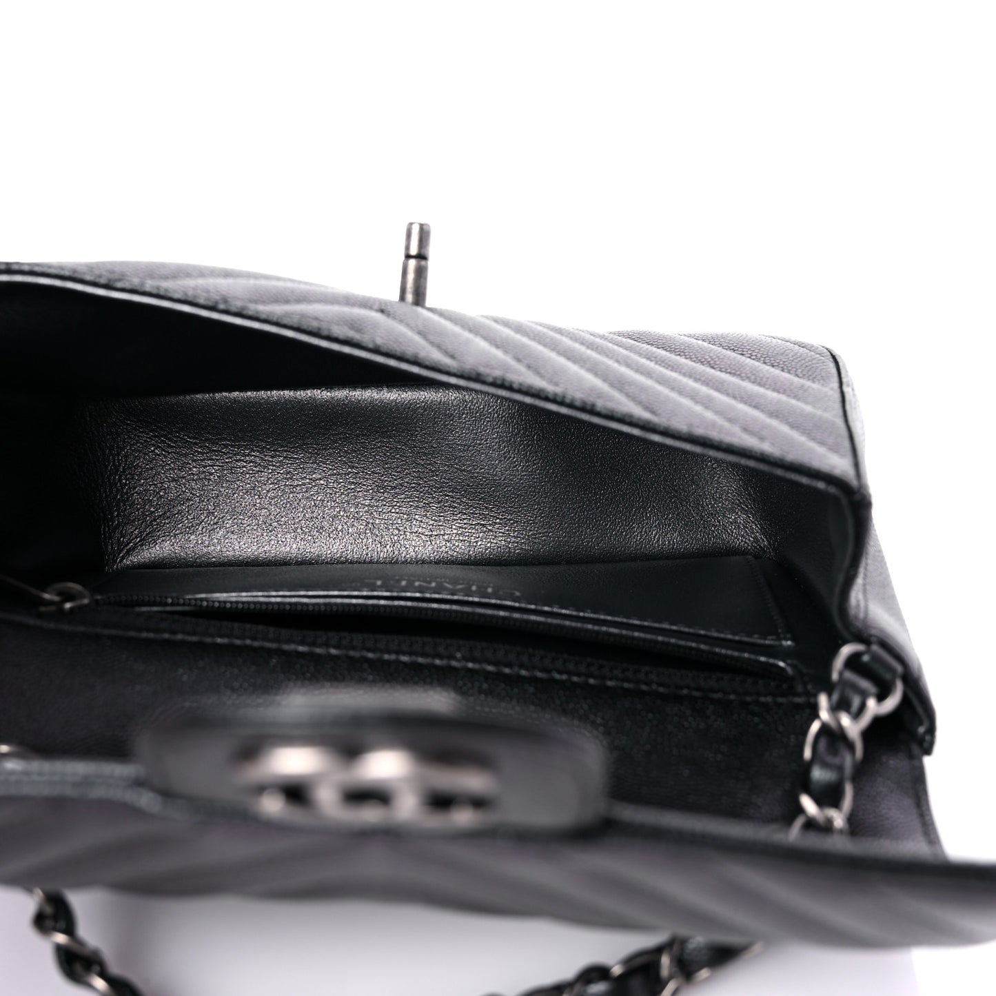 Metallic Caviar Chevron Quilted Mini Rectangular Flap Black