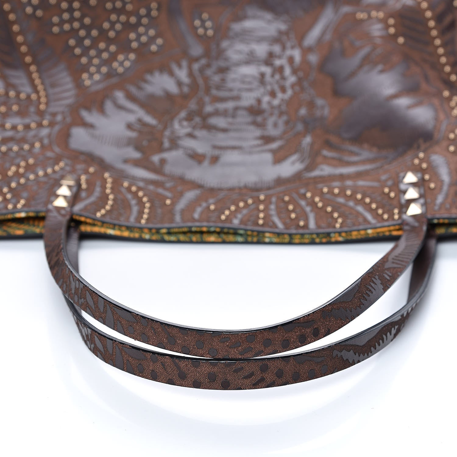 Valentino Garavani Calfskin Canvas Elephant Embossed Medium Rockstud Reversible Tote Brown 11 of 18