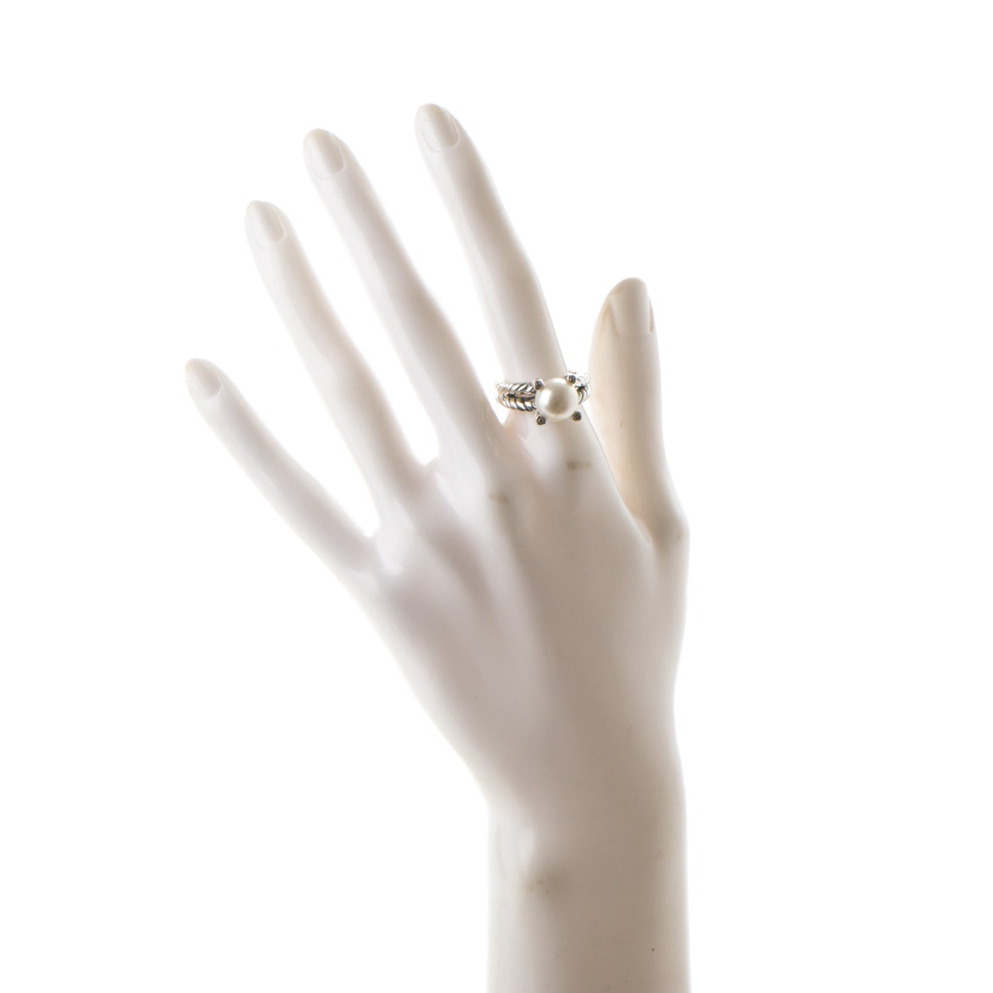 Sterling Silver Pave Diamond 10mm Pearl Cable Ring 7