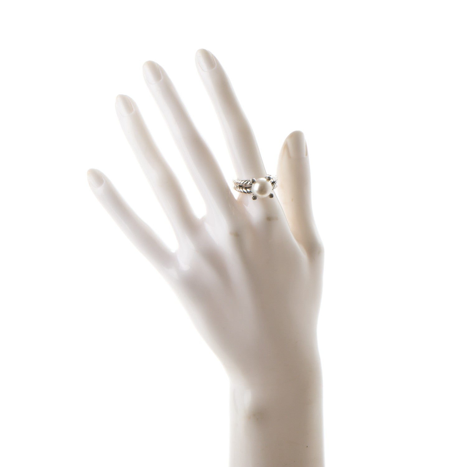 David Yurman Sterling Silver Pave Diamond 10mm Pearl Cable Ring 7 2 of 4