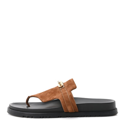 Hermes Suede Goatskin Womens Empire Sandals 41 Gold 1 of 9