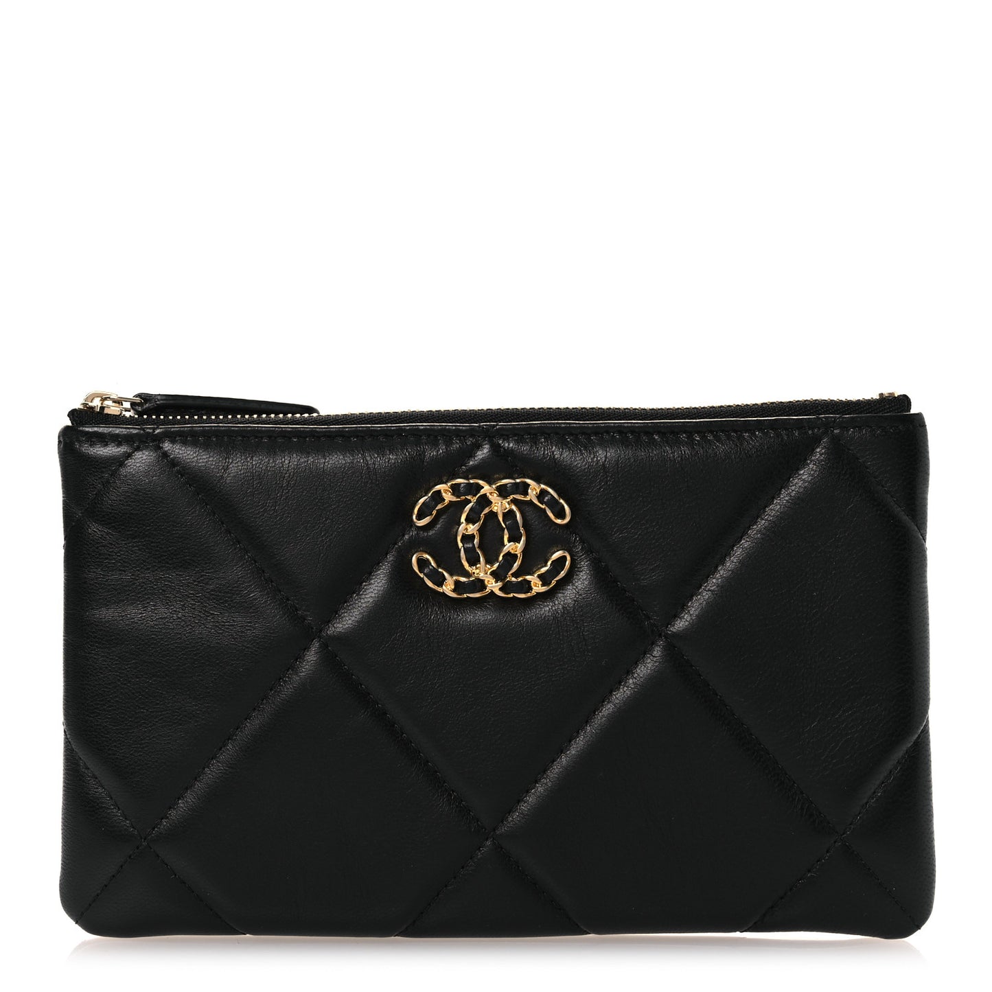 Shiny Goatskin Quilted Small Chanel 19 Pouch Black