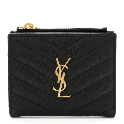 Saint Laurent Grain De Poudre Matelasse Chevron Monogram Zipped Card Case Black 1 of 8