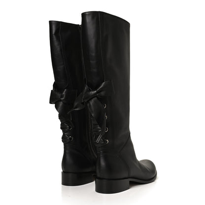 Valentino Garavani Calfskin Bow Lace Up Back Knee High Tall Boots 39.5 Black 4 of 12