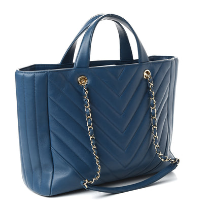 Chanel Calfskin Chevron Quilted Statement Shopping Tote Blue 3 of 10