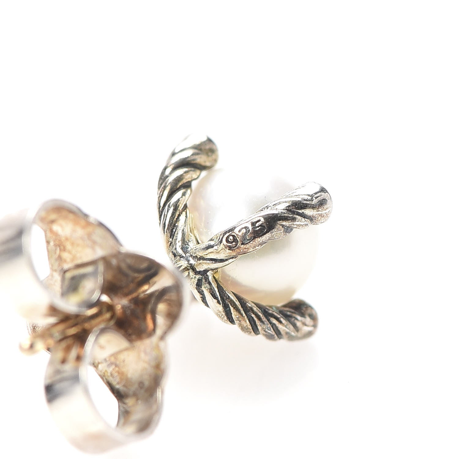 David Yurman Sterling Silver Diamond Pearl 7mm Earrings 5 of 6