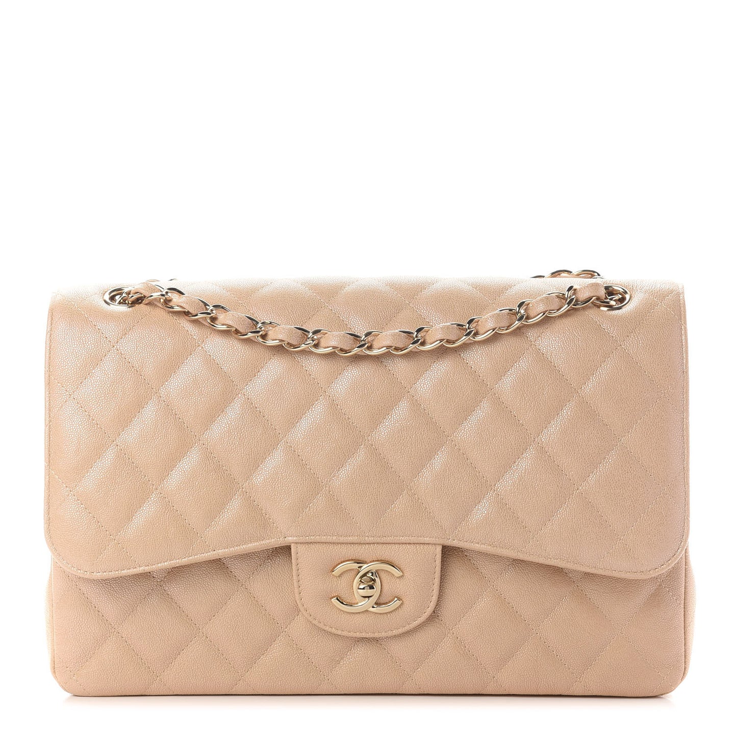 Iridescent Caviar Quilted Jumbo Double Flap Beige