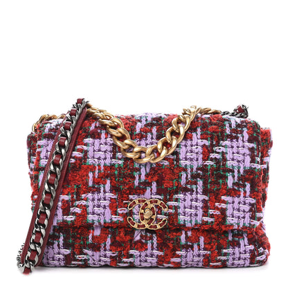 Chanel Tweed Quilted Large Chanel 19 Flap Red Purple Green 1 of 9