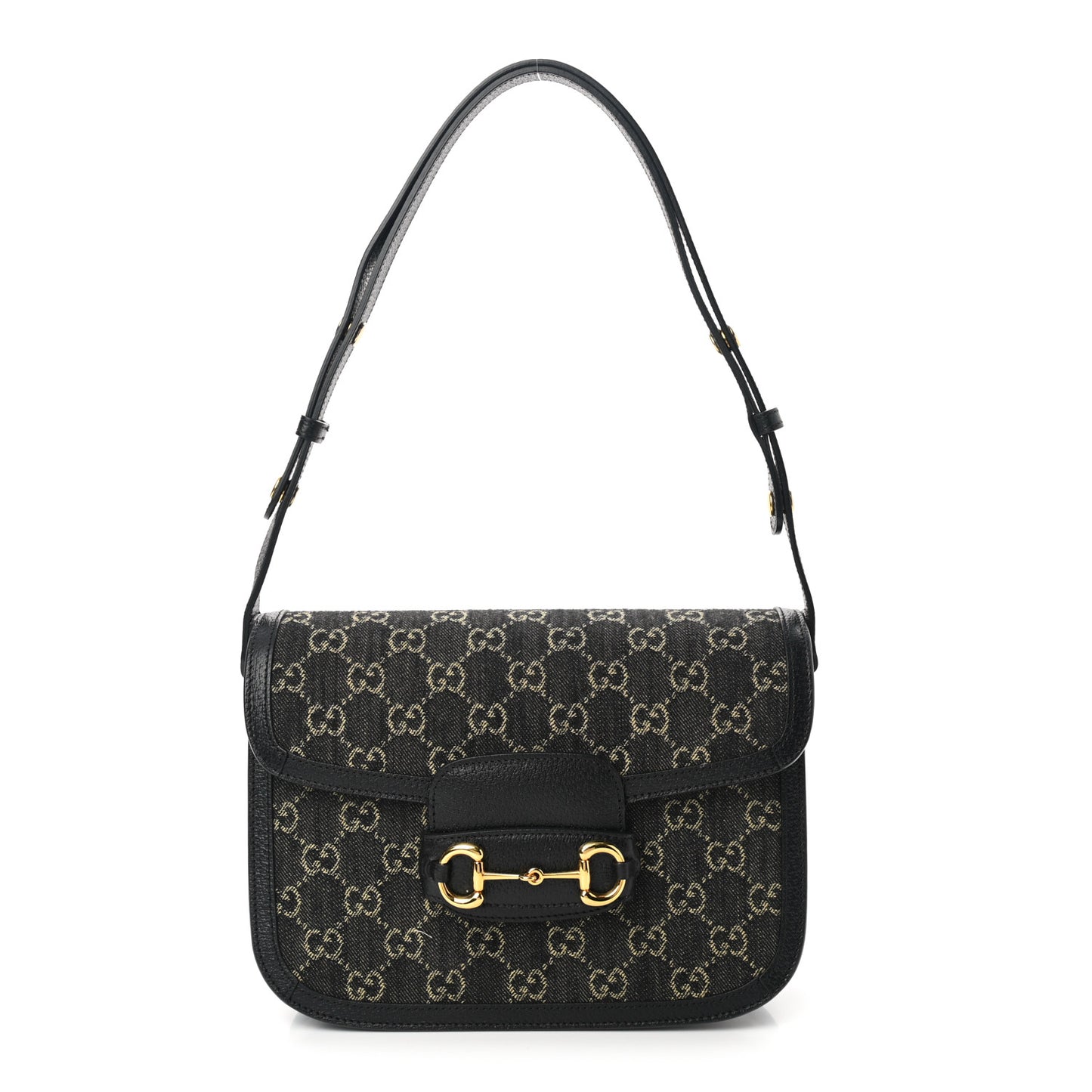 Jacquard Black Denim GG Monogram Textured Dollar Calfskin Horsebit 1955 Shoulder Bag Black Ivory