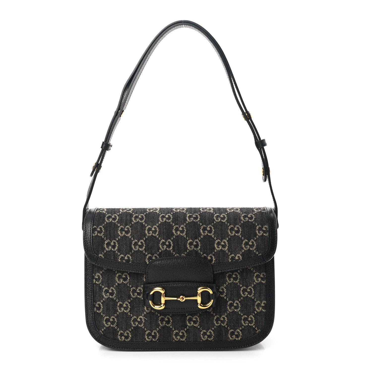 Gucci Jacquard Black Denim GG Monogram Textured Dollar Calfskin Horsebit 1955 Shoulder Bag Black Ivory 1 of 13